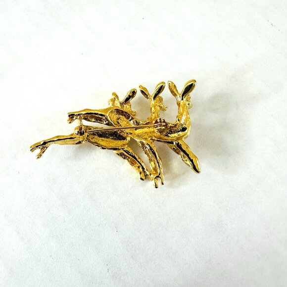 Christmas Reindeer Brooch Pin Gold-tone Red Green Rhinestones Signed Aai VTG - Picture 2 of 7